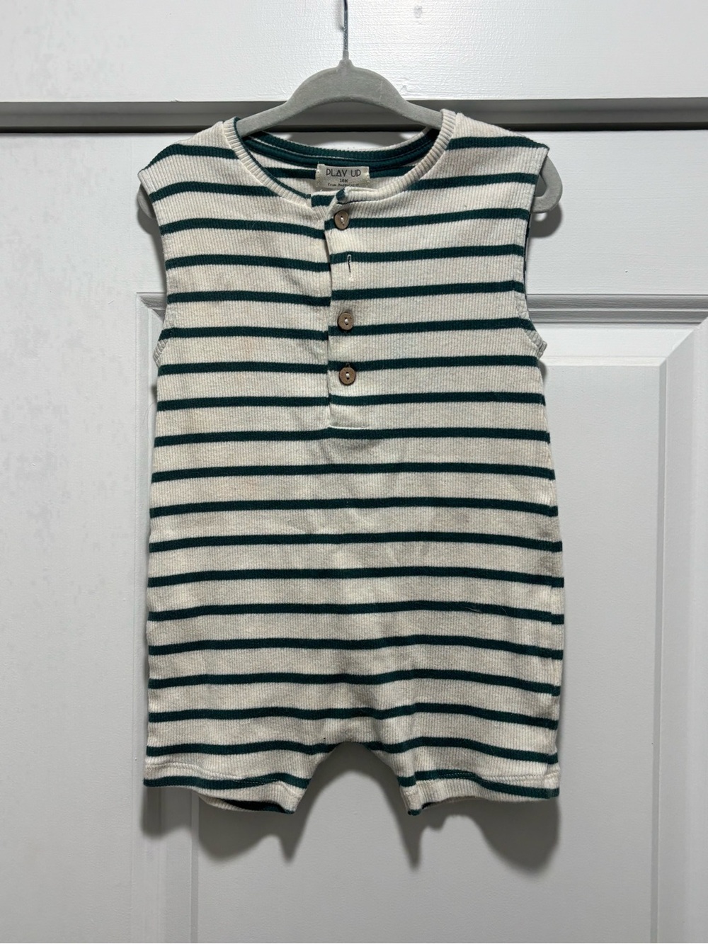 Cream & Green Striped Sleeveless Baby Romper